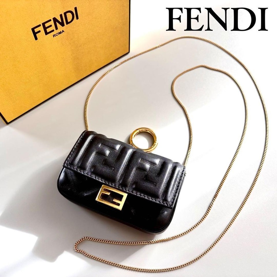 Fendi Nano Baguette Leather Chain Shoulder Bag Excellent From Japan Black