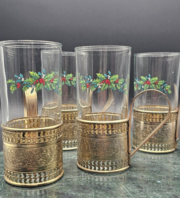 Set of 4 Vintage Christmas Shot/Cordial Glasses in Ornate Metal Holders - Holly