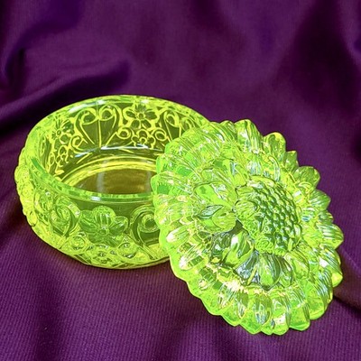 Vaseline Uranium Glass Box Flowers Style Trinket Box Yellow Glass Art Deco