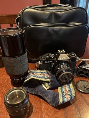 RICOH XR-2s 35mm film SLR camera W/28, 55, & Vivitar 70-210mm Lenses -Bag, Strap