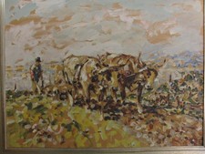 Prof. Julius Seyler 1873-1955 Pflügender Bauer m Ochsen Öl Pappe Impressionismus