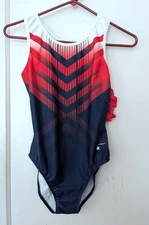 NWT Destira Gymnastics Leotard Patriotic Red Blue White Racerback Size AM