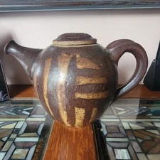 Vintage Pottery Teapot  Signed Arts And Crafts Mission Style Slip Glaze Flat Lid