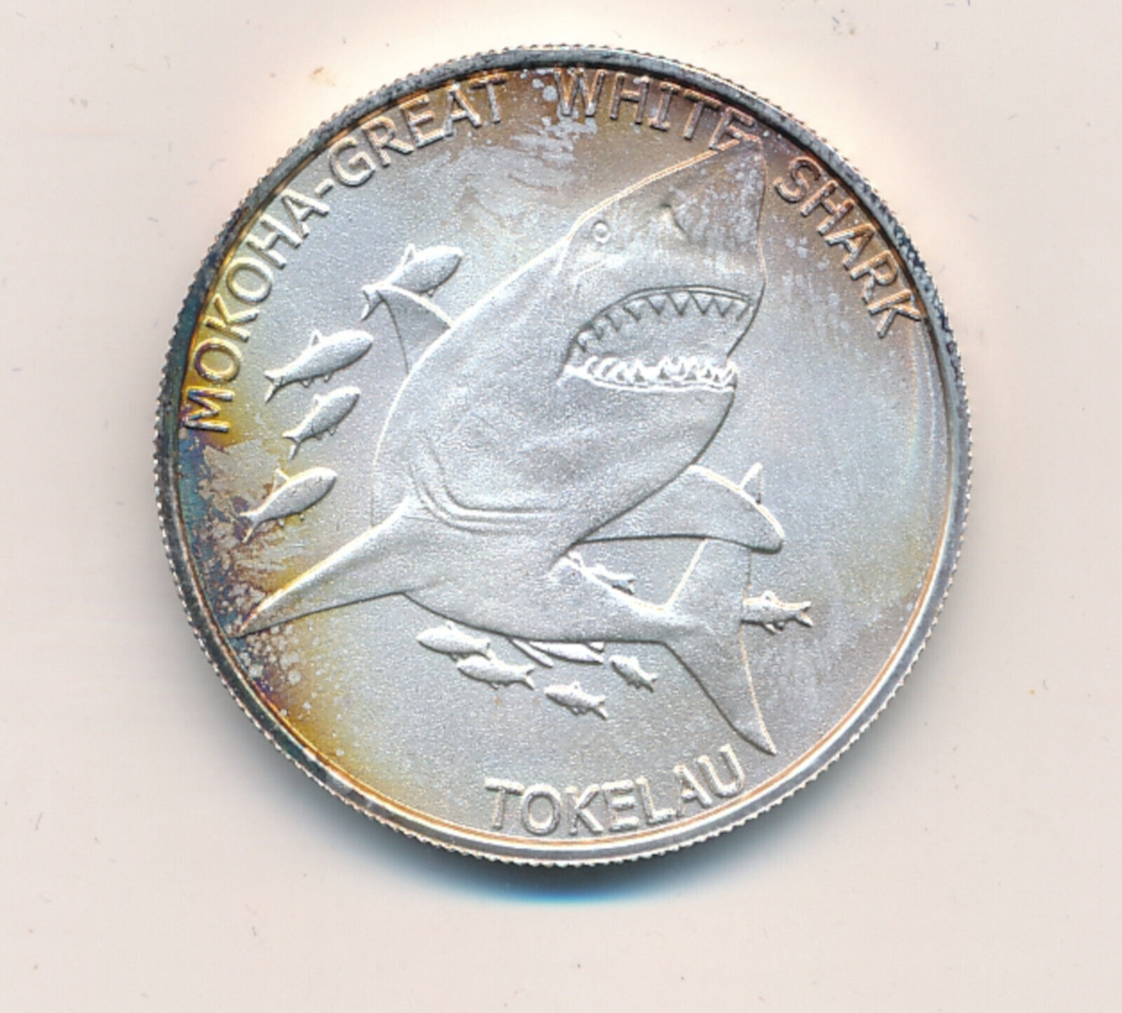 2015 Coin, Tokelau Coin, 1OZ Pure Silver, Great White Shark, Toning Arround Rim