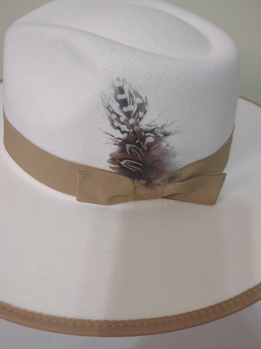 Cream Wide-Brim Fedora Hat with Feather Accent Feather Hat Accent - Chiseler – Willow Lane Hat Co main image 4