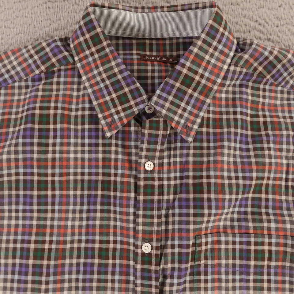 J McLaughlin Shirt Mens XL Brown Red Gingham Check 100% Cotton Tartan Button Up - Image 3 of 4