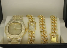  3pc Set Gold Plated Miami Cuban Link Cubic Zirconia Chain Bracelet Watch Combo 