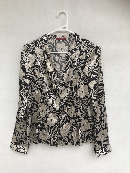 🎈 DIANA FERRARI  SILK LOOK floral Blouse Shirt Tee Black 12 M Beige