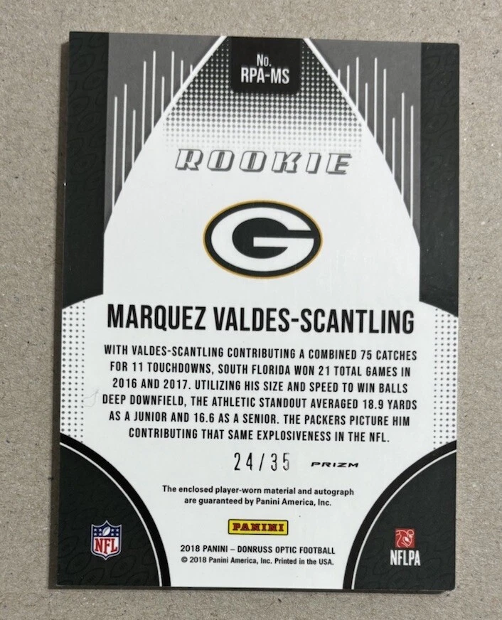 2018 PANINI DONRUSS OPTIC RPA MARQUEZ VALDES-SCANTLING AUTO JSY ROOKIE #’D 24/35 - Image 2 of 2