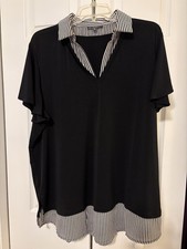 Adrianna Papell 3X Black Tunic Top Striped Collar Scalloped Hem Layered Look