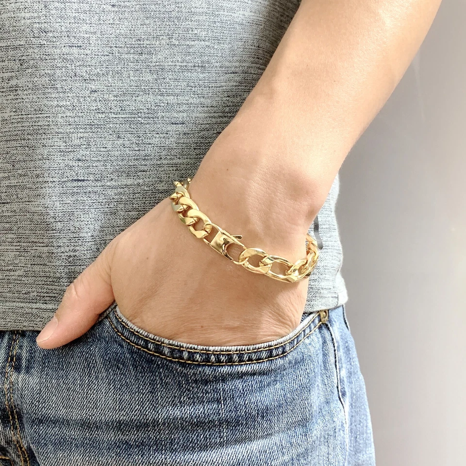 18K Gold Plated Bracelet Stainless Steel Jewelry For Men Figaro Chain 10mm - Image 2 of 4