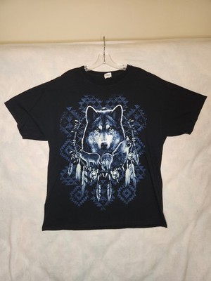 Vintage Y2K Wolf Native American Dream Catcher Tribal Art Graphic T-Shirt Sz XL