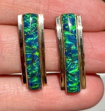 14k Yellow Gold Native American Earrings Opal Inlay Signed Reynetsa Leland Zuni