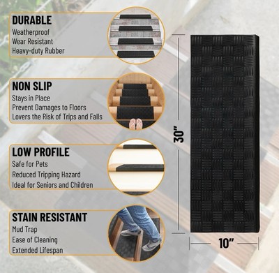 Rubber Stair Treads Waterproof Low Profile Non Slip Indoor/Outdoor Black 5 Pack