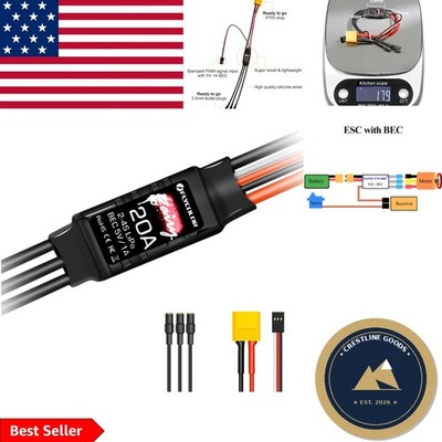 Lightweight 20A Brushless Motor Controller with Safety Features & Plugs