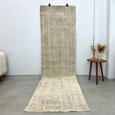 3x9 Vintage Turkish Oushak Runner, Beige Solid Rug, Handmade Wool, Bohemian Rug