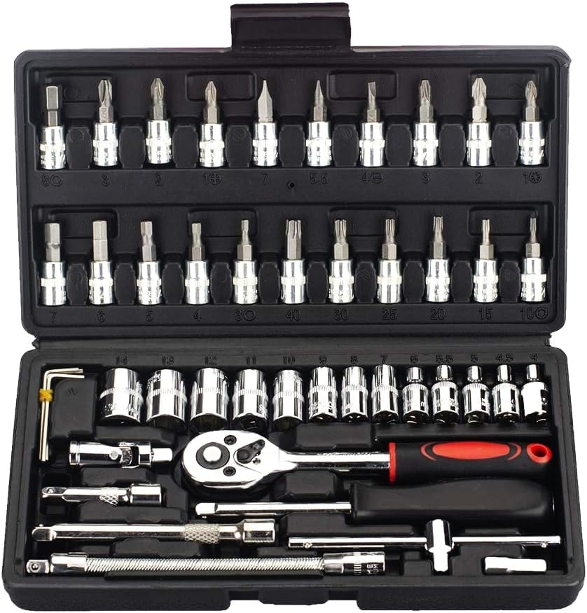 46Pcs Socket Wrench Kit, 34Pcs 1/4'' Drive Socket Wrench Bits & Driver - with Fl