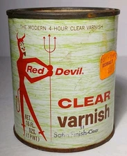 FULL 1970s Vintage Red Devil Paint Can Clear Varnish 16 Oz Mount Vernon New York