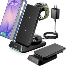 3 in 1 Charging Station for , Wireless Charger for Thick Cases, Foldable Phone a