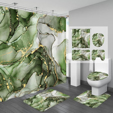 4PCS Olive Green Marble Bathroom Sets with Shower Curtain and Rugs, Abstract Sho