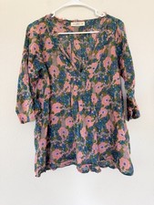 Natural Life Boho Floral Tunic Top Womens S/M Raw Hem Blouse Indie Hippie