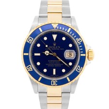Rolex Submariner Date 40mm BLUE 18K Gold No-Holes GOLD BUCKLE Steel 16613 Watch