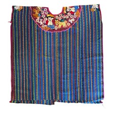Vintage Guatemalan Huipil with Machine-Embroidered Folk Collar   Base Handwoven