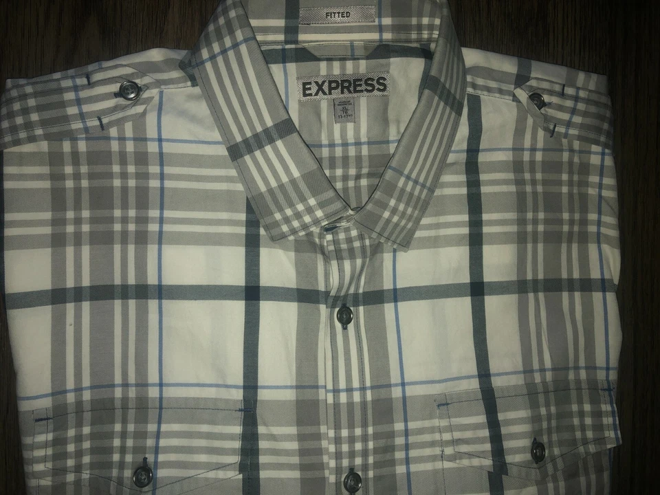 Mens Express Fitted Long Sleeve Plaid Button Front Shirt XL 17 17 1/2 - EUC - Image 2 of 2