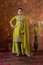 Exclusive Chinnon Silk Top Palazzo With Parrot Green Dupatta For Wedding Wear