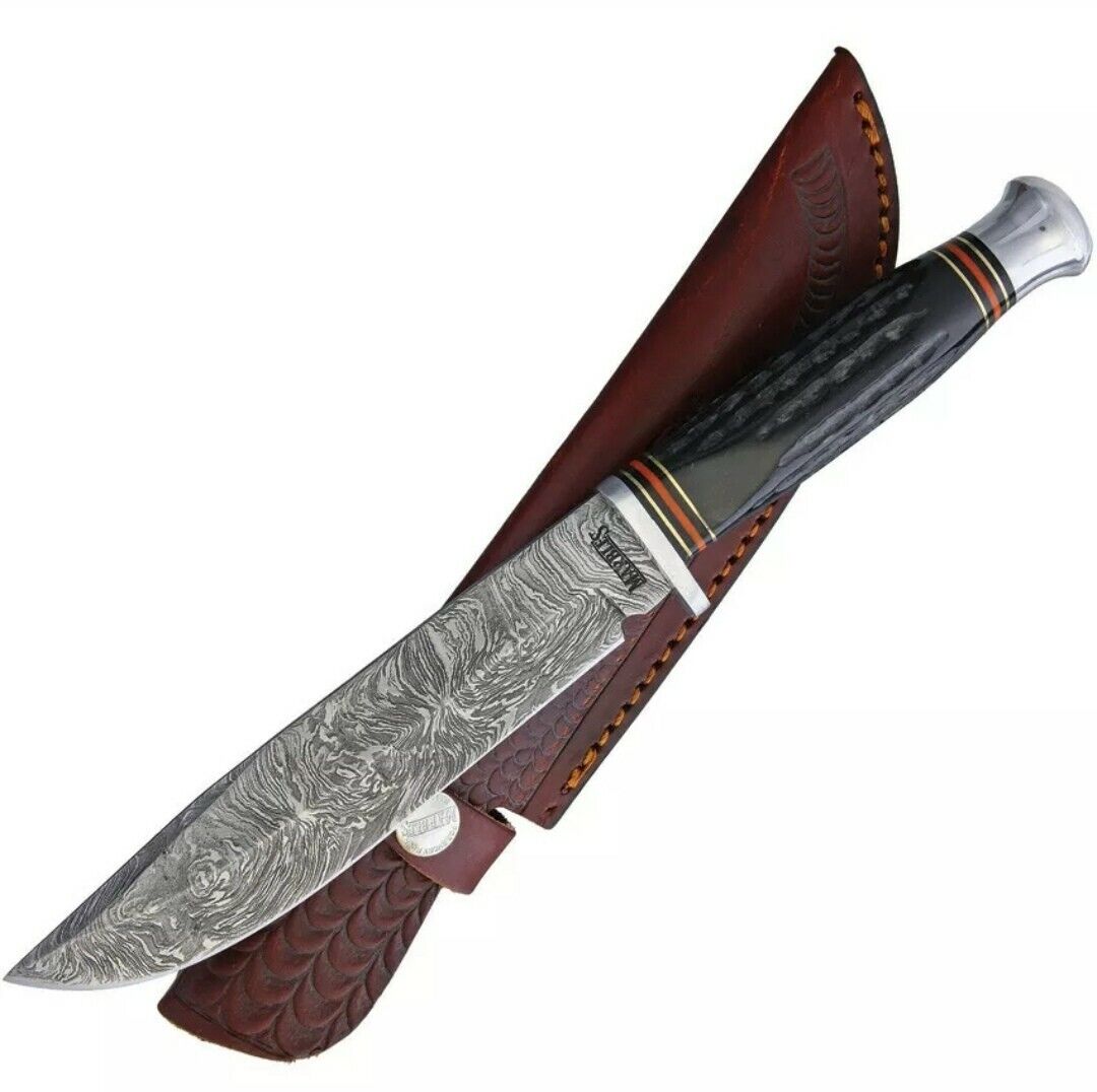 Handmade Damascus Steel /marble Jigged Horn Bowie Knife actieprijs: