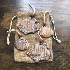Set of 4 Beach Themed Upcycled Christmas Ornaments Ceramic Seashells And Fish