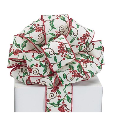 Holly Berries on Swirling Vine Holiday Wired Ribbon - 2.5''W x 20 Yards (9741715)