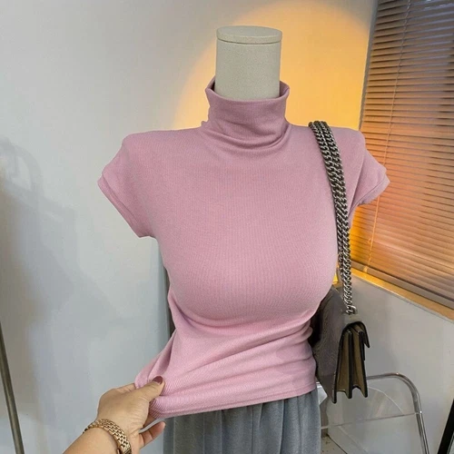 Mujeres Top Mangas Cortas Camiseta Cuello de Tortuga Calce Ajustado Blusa Parte Inferior - Imagen 3 de 25