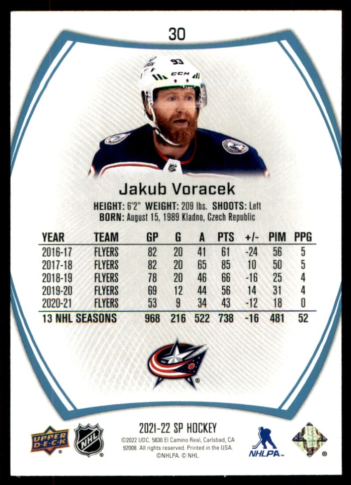 2021-22 SP Hockey Jakub Voracek #30 - Image 2 of 2