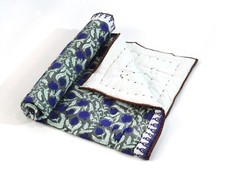 Blue Floral Hand Block Stitching Indian Blanket Cotton Reversible Baby Quilted