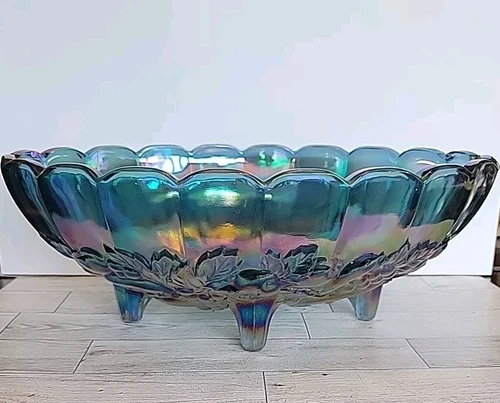 Vintage Indiana Glass Harvest Grape Blue Carnival Glass 4 Toed Oval Bowl 12"