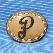 P Belt Buckle Embroidered Leather Western Initial P Monogram Vtg Koleaco .CPA407