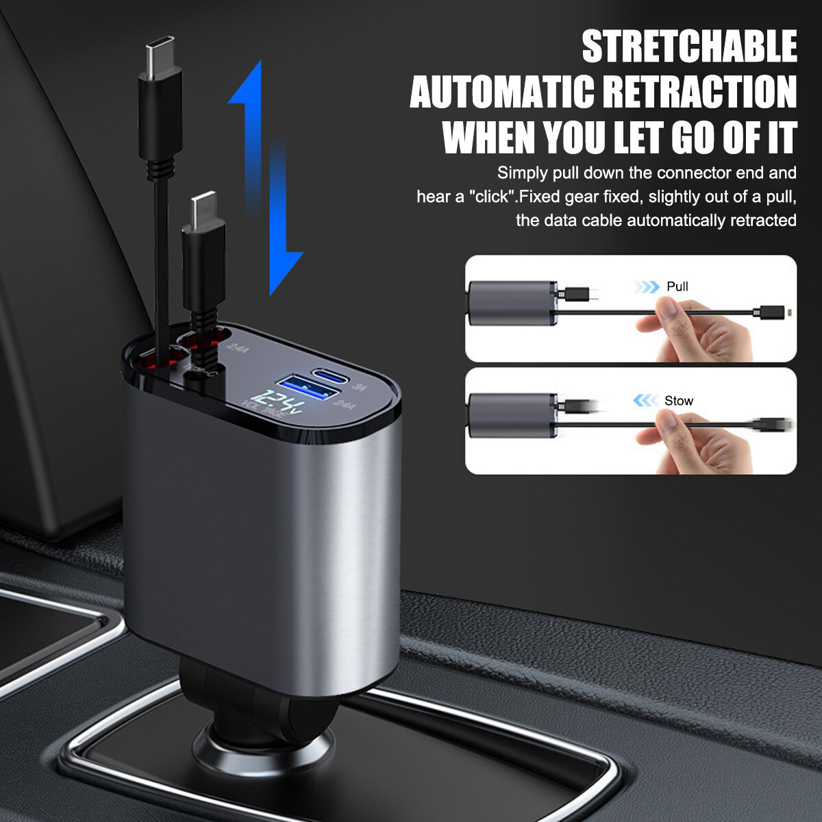 4 IN 1 Retractable Car Charger Cable Dual Port USBC PD Fast Charging