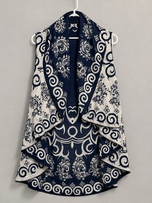 Reversible Paisley Shawl Wrap Poncho Navy White Boho Open Front Ruana
