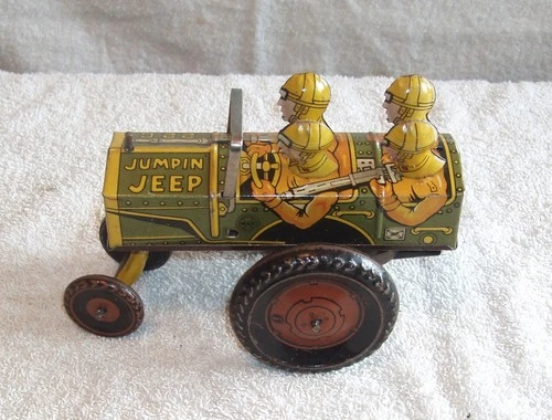 Vintage, 1940s, Marx Jumpin Jeep 22C, Metal Tin Litho Wind-Up Military Army Toy