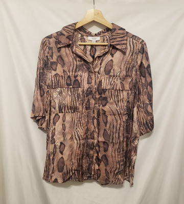 Reiss Maya Snake-Print Short-Sleeve Shirt Sz 6 Mink Brown Neutral Hidden Buttons
