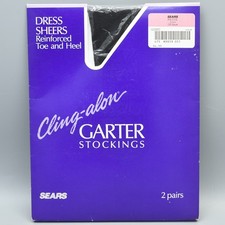 Garter Stockings 2 Pair Vintage Sears Petite Off Black Reinforced Toe Heel NEW