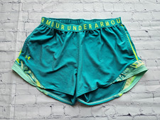 Under Armour Women  s Running Shorts Teal Yellow Trim Size XL Compression Waist