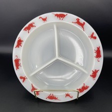 Vintage Hazel Atlas Child's Farm Animals Divided Dish Milk Glass Red Print