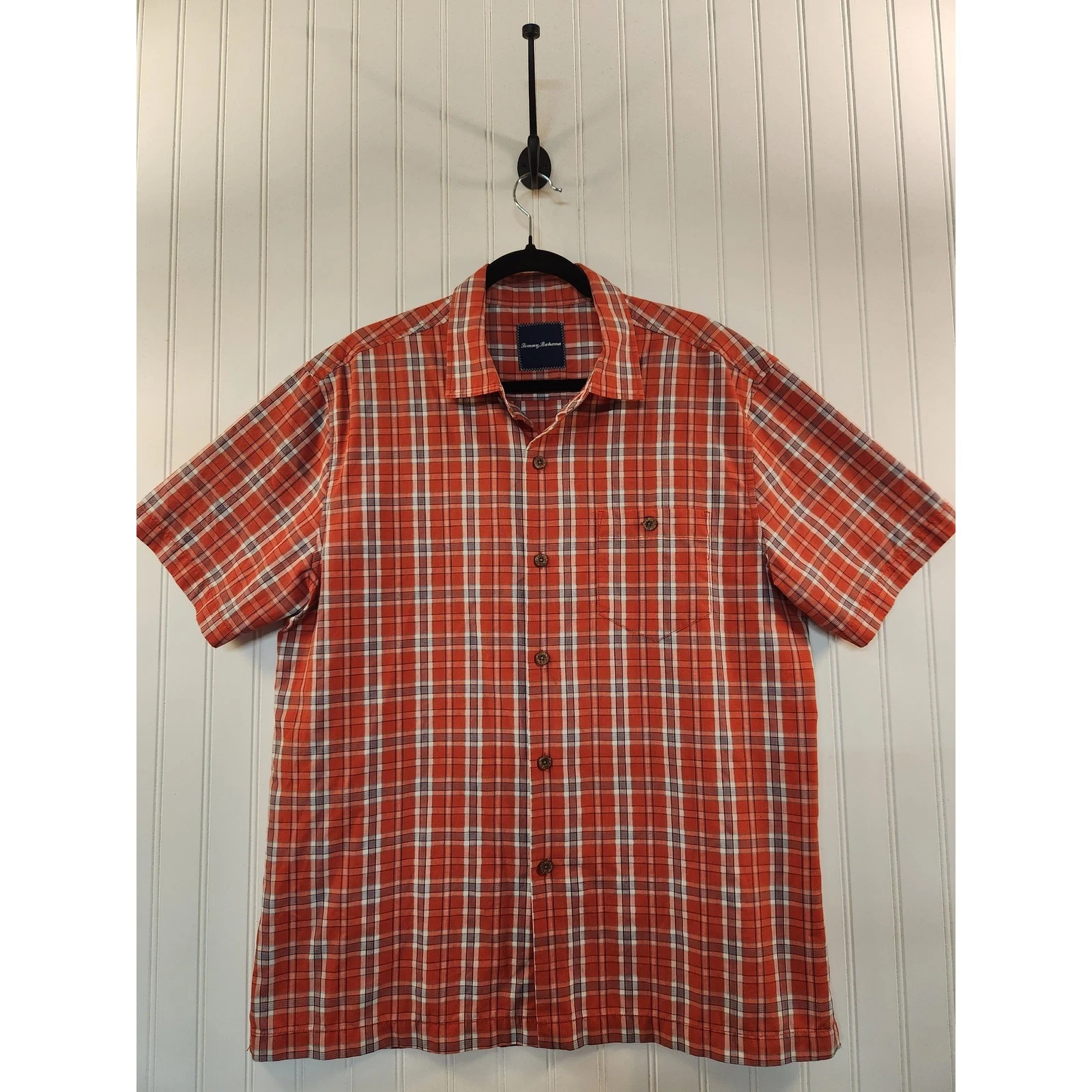 Tommy Bahama Mens Orange Blue Plaid Short Sleeve Button Up Shirt Pocket XL