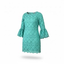 J. Crew Eyelet Bell Sleeve Dress 6P Petite Teal Grean Seafoam Scalloped Lined