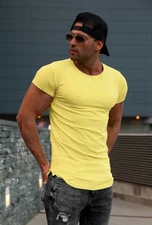 Mens T-shirt Plain Yellow Round Neck Longline Stretch Cotton Muscle Fit HQ