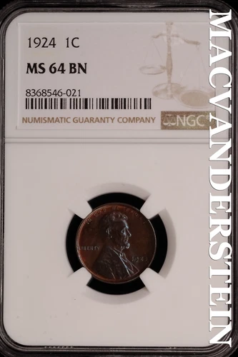 1924 Lincoln Wheat Cent-NGC MS 64 Brown Choice Gem BU No Reserve #SLK914