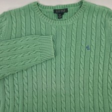 Lauren Ralph Lauren Green Cable Knit Cotton Crewneck Sweater Womens Large L