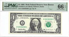 1995 $1 BOSTON WEB FRN PMG GEM Uncirculated 66 EPQ Banknote. A/C Run 7, 2nd of 2